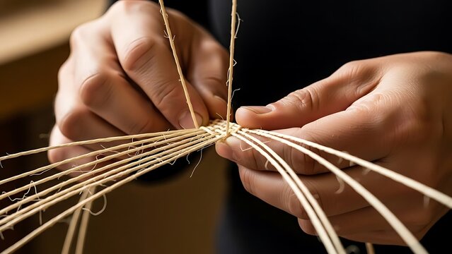 Expert hands weaving intricate patterns with natural fiber threads