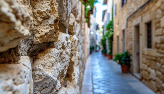 Fototapeta A charming, ancient European stone alleyway with cobblestone path and potted plants on a sunny day