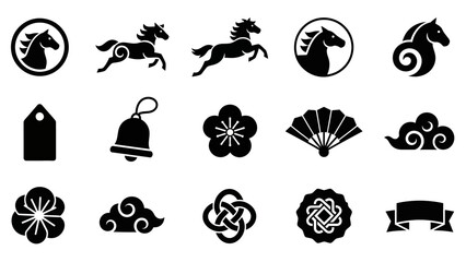 A collection of black silhouette icons featuring horses, traditional Japanese elements like plum blossoms, fans, clouds, and various decorative motifs including knots, a bell, and a tag.