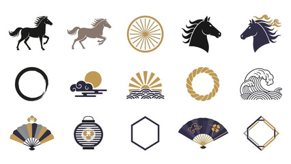 A collection of Japanese-style icons featuring horses, sun, moon, waves, fans, and geometric shapes, rendered in black, gold, and grey.