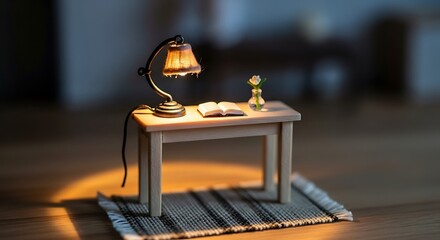 Intimate miniature study scene with glowing lamp and tiny book