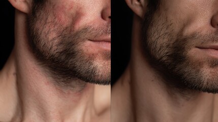 Fototapeta premium before-after men sensitive skin redness, irritated stressed skin vs calm balanced skin