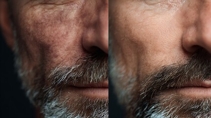 Obraz premium before-after sensitive men skin recovery, reactive damaged skin vs calm healthy skin