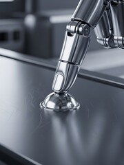 Metallic robot hand touches surface reflecting innovative technologies