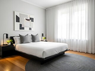 Serene Bedroom with White Bedding and Abstract Art Composition Scene