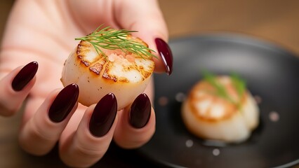Tantalizing seared scallops held by manicured hand, delectable culinary art