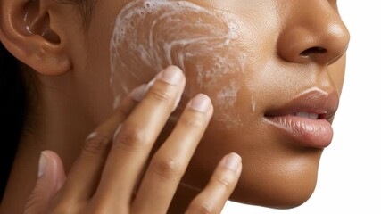 A woman applying facial cleanser to her cheek with her hand. Perfect for skincare, beauty, and hygiene advertisements.