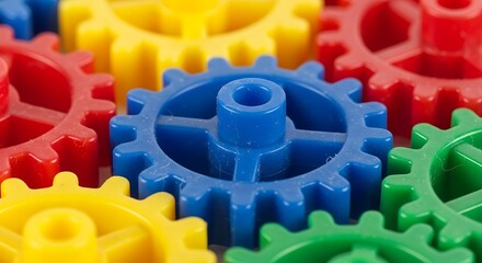 Vibrant plastic gears interlocked creating a colorful mechanical system