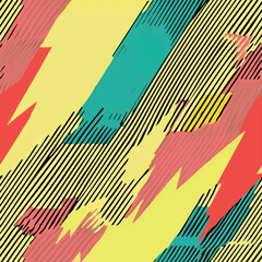 Seamless pop art inspired pattern with vibrant diagonal brush strokes, bold comic-style lines, and colorful retro texture. Ideal for fabric, wallpaper, wrapping paper, and digital design.