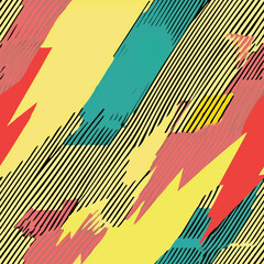 Seamless pop art inspired pattern with vibrant diagonal brush strokes, bold comic-style lines, and colorful retro texture. Ideal for fabric, wallpaper, wrapping paper, and digital design.