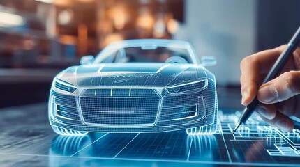 An engineer wears VR glasses while designing a holographic model of a car. The concept of futuristic automotive design, virtual prototyping, and advanced engineering technology. Generative AI. - Powered by Adobe