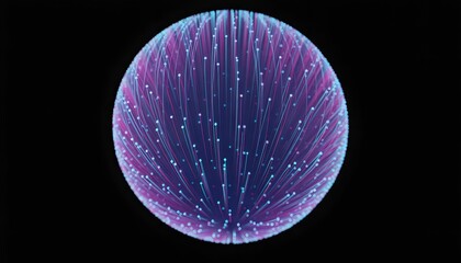 A vibrant purple and blue sphere with glowing lines on a black background
