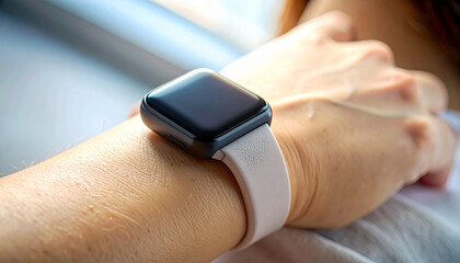 Modern Watch: A close-up shot of a wrist adorned with a sleek, minimalist smartwatch, emphasizing the seamless integration of technology and style.
