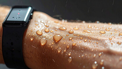 Resilient Wristwatch in Rain: A sleek, modern wristwatch adorns a wrist, beads of raindrops cascade down the skin, creating a visually striking display of resilience and technology. 