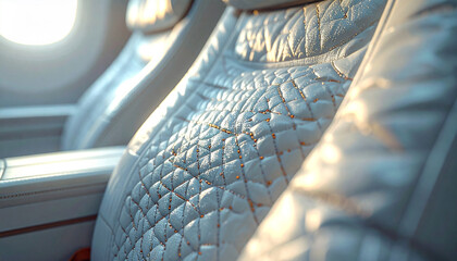 Fototapeta premium Luxury Leather Aircraft Seat: An intimate view of a luxurious, quilted leather seat in a modern aircraft, conveying comfort, elegance, and the allure of travel.