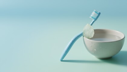 Light blue toothbrush and bowl with clear liquid and white foam for dental hygiene on a soft blue background