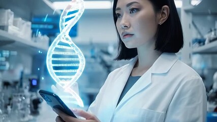 Female scientist in lab coat holding smartphone with glowing DNA helix hologram in a modern laboratory setting. - Powered by Adobe