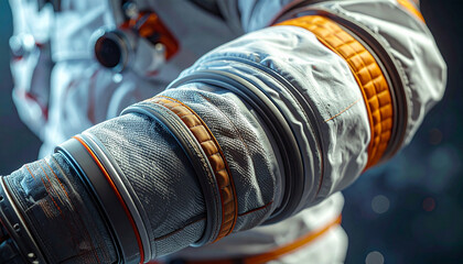 Astronaut's Arm in a Spacesuit: Close-up of a cosmonaut's arm in a sophisticated spacesuit, capturing intricate details of the suit's design, ready for a cosmic adventure.