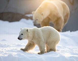 Sunny shot of polar bear cub walking in snow, parent in background