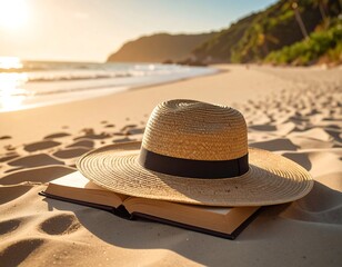 Sun hat rests atop an open book, on sandy beach, ocean in background