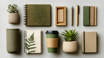 Eco-friendly office supplies organized flatlay, sustainable stationery, recycled materials, zero waste work environment, clean top-down composition, 