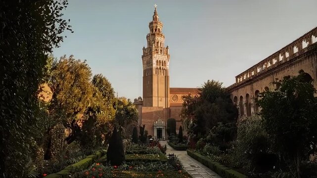Historic Giralda Tower and Gardens of Seville Cathedral at Sunset.