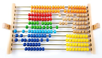 Set of math learning tools including abacus and counting beads with bright lighting, isolated on white background, ideal for education, numeracy learning, children teaching, and school concepts.