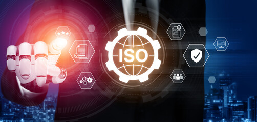 Fototapeta premium An AI assistant automates the business process for ISO certification and quality management. This smart system ensures compliance with every international standard and process control. Fermion