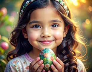 A smiling young girl with long brown hair and a floral headband holds a decorated green Easter egg in a soft, sunlit garden.