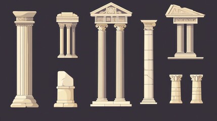 Ancient Greek architectural elements and columns illustrated in a graphic design on a dark background