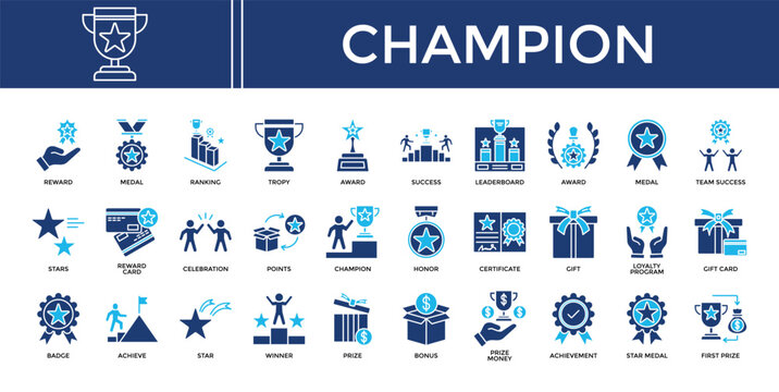 Champion icon set collection. Containing score, achieve, honor, certificate, program, win, profit .Solid vector icons collection
