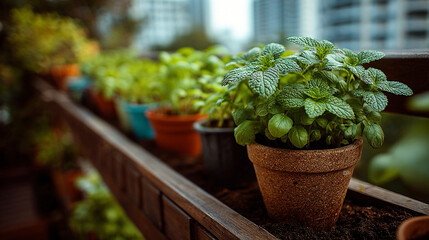 Edible plant cultivation on urban balcony, herbs and vegetables in pots, sustainable home gardening, micro-farming in limited space, eco-friendly design, vibrant plant growth visible in small-scale en