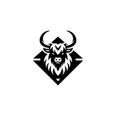Strong buffalo or yak head logo in bold black and white vector style, isolated on white background