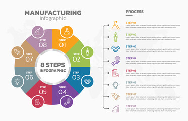 Visual data presentation. Cycle diagram with 8 options. Pie Chart Circle infographic template with 8 steps, options, parts, segments. Business concept. All in a single layer.