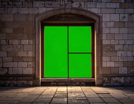 Stone wall with a divided window containing a green screen