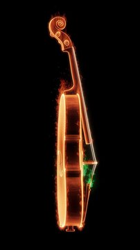 Violin depicted as a glowing fiery outline with neon highlights and warm tones on a deep black background, vertical composition with ample dark areas and clear space available for text or graphic over