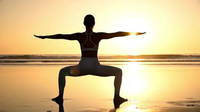 Surya Namaskar Inspired Pose Yoga Workout at Sunset Beach Silhouette