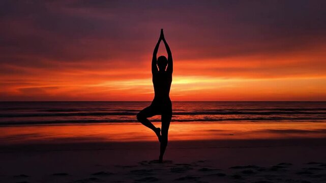Woman Silhouette Practicing Yoga on Beach at Sunset Surya Namaskar