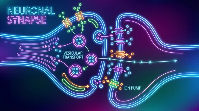 Neuronal synapse diagram drawn in neon lines with vesicular transport, synaptic cleft and ion pumps. Schematic emphasizes neurotransmitter release, receptor binding and signal transmission for educati