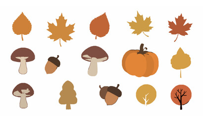 Simple botanical autumn doodle set with leaves mushrooms pumpkins oak and acorns vector © Hosneara