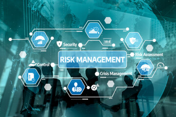 Obraz premium This image illustrates key concepts of risk management through various icons in a business environment, highlighting security, assessment, and control strategies. Tessel