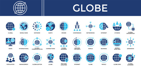 Globe icon set collection. Containing www, atlas, operation, geography, news, planet, touch .Solid vector icons collection © kim hana