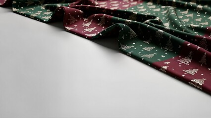 Festive red and green Christmas fabric with silver tree patterns on a white background.