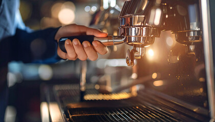 Barista Hand Holding Portafilter, Coffee Preparation and Service Concept, Generative AI