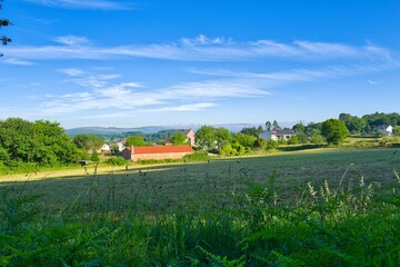 경관, 들판, 목초, sky, 네이처, 농장, green, 여름, 경작, 시골, 농촌, 국가, 구름, 목초지, blue, 나무, home, 경작지, 봄, 명랑한, 동네, 길거리, 고개