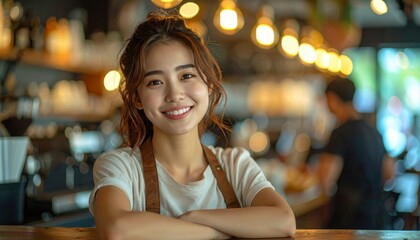 Smiling Barista at Cafe Counter, Friendly Barista Service Concept, Generative AI