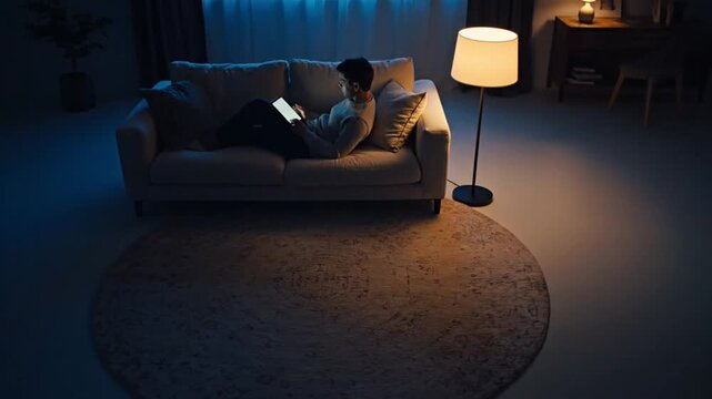 Exploring ai generated creativity late night reading on sofa cozy living room generative ai conceptualization
