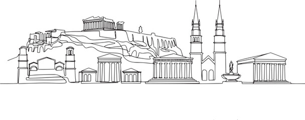 Naklejka premium Minimal black single-line illustration of Athens City skyline, isolated