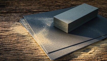 Sandpaper sheets and a sanding block placed on a wooden surface with visible fine dust texture, soft natural lighting, suitable for woodworking, finishing, DIY, and surface preparation concepts.