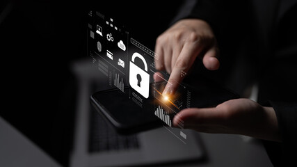 Digital cyber security lock system highlighting data security encryption, cyber password protection, fingerprint ID, cloud storage safety, and cyber security for online access Latch